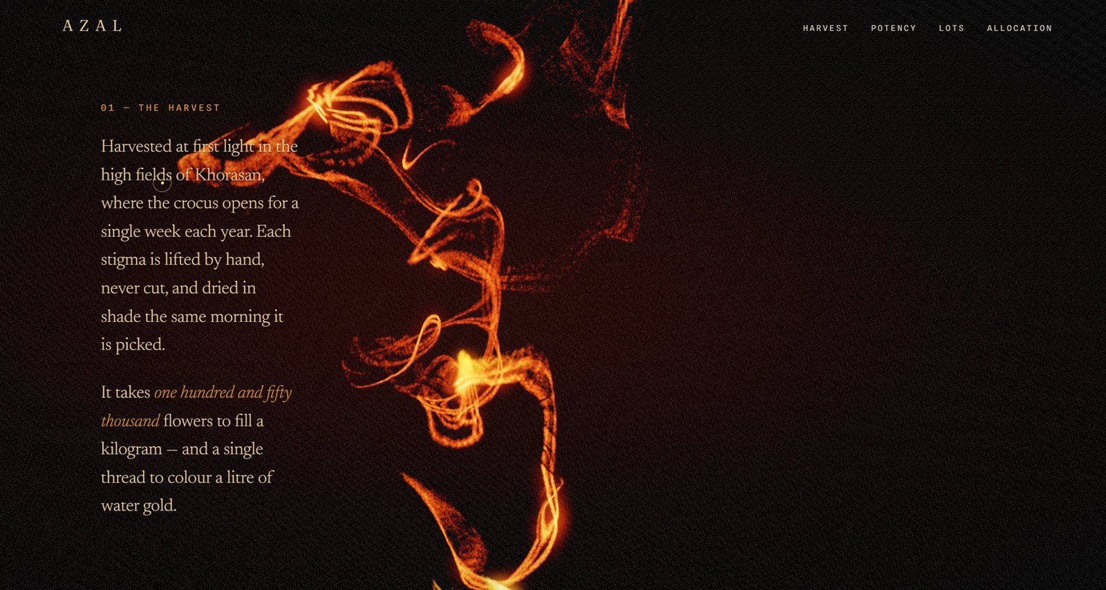 AZAL — saffron particle site, glowing dye cloud on a dark stage